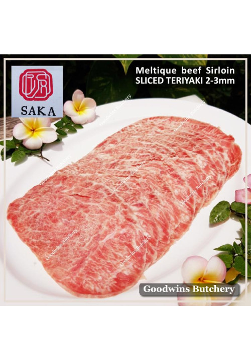 Beef Sirloin Australia Meltique (wagyu alike) brand SAKA frozen Striploin / New York Strip / Has Luar sliced teriyaki yakiniku stirfry 2-3mm (price/pack 500gr)
